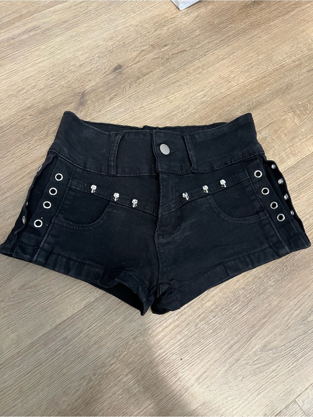 Black High-Rise Women's Shorts with Grommet & Stud Details